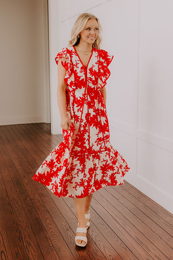Honey And Hibiscus Floral Midi Dress in Red