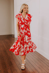 Honey And Hibiscus Floral Midi Dress in Red