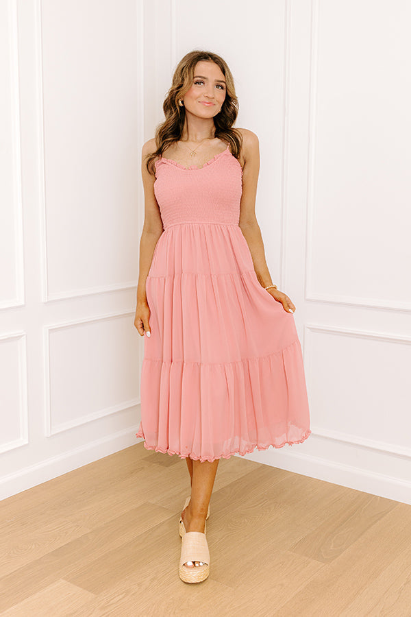 Sweet And Gentle Chiffon Midi Dress in Coral