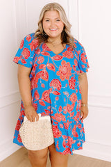 Serene Moment Floral Mini Dress in Ocean Blue Curves