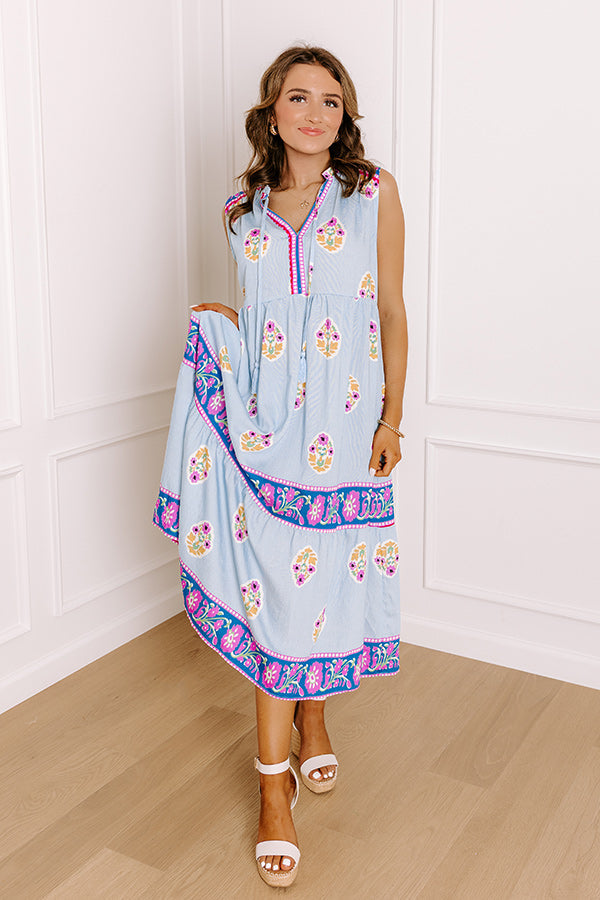 Margaritas On The Boardwalk Floral Midi Dress in Sky Blue