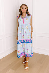 Margaritas On The Boardwalk Floral Midi Dress in Sky Blue