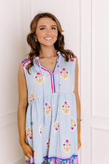 Margaritas On The Boardwalk Floral Midi Dress in Sky Blue