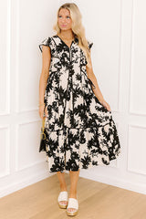 Honey And Hibiscus Floral Midi Dress in Black