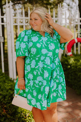 Charmed Feeling Floral Mini Dress in Green Curves