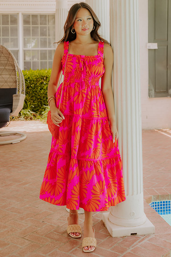 Paradise Point Floral Midi Dress in Hot Pink