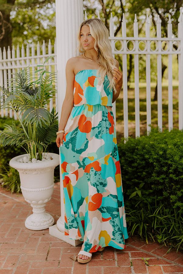 Cancun Cutie Strapless Maxi Dress in Turquoise