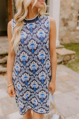 Chic Statement Floral Knit Mini Dress in Navy