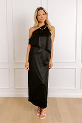 Glamour Girl Satin Midi Dress in Black