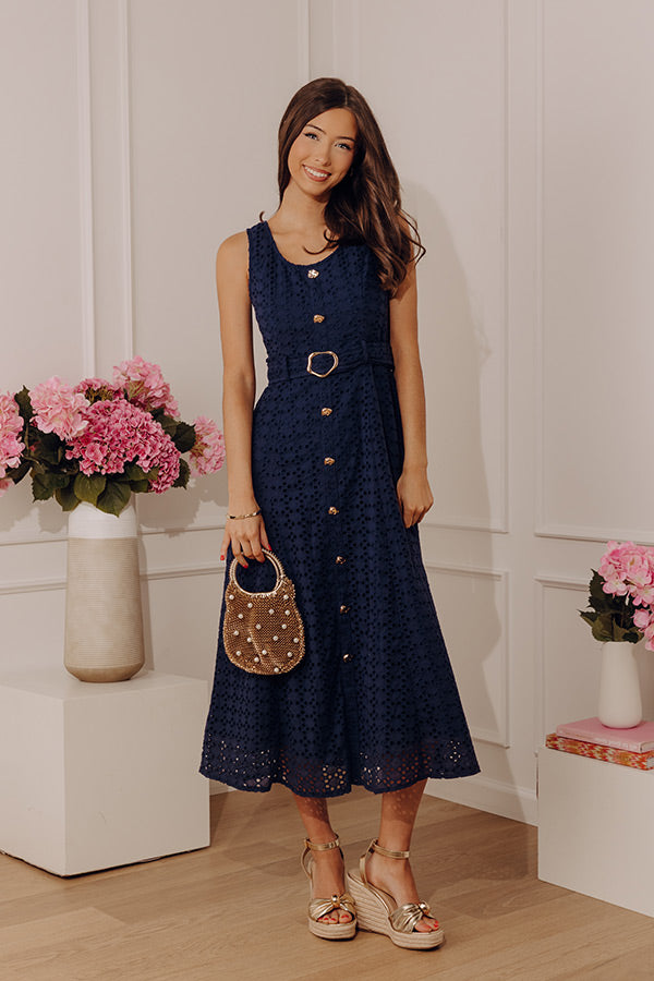 Romantic Muse Eyelet Midi Dress in Navy