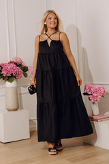Modern Muse Poplin Tiered Maxi Dress in Black