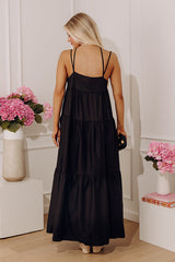 Modern Muse Poplin Tiered Maxi Dress in Black