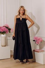 Modern Muse Poplin Tiered Maxi Dress in Black