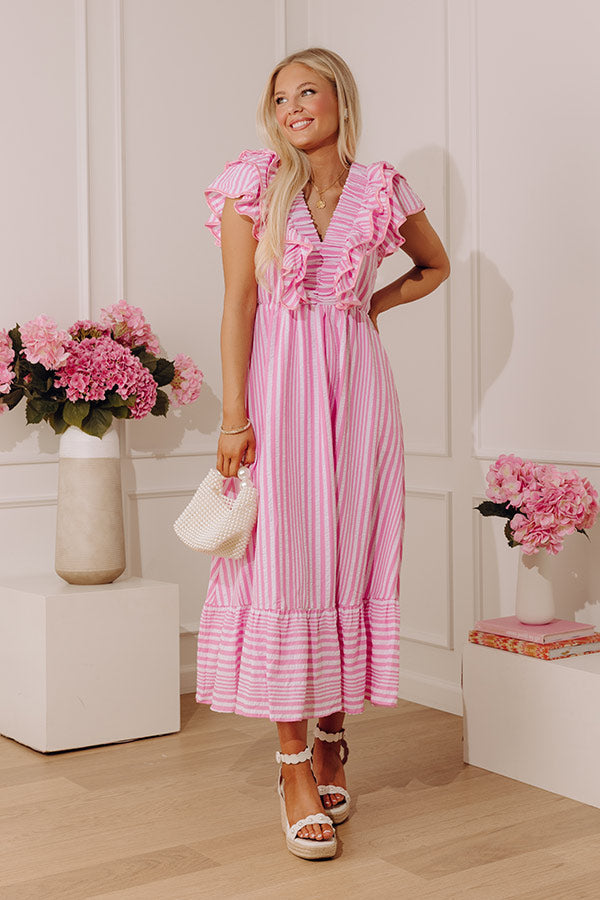 Stripe Affair Ruffle Midi Dress in Pink