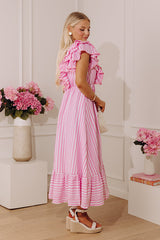 Stripe Affair Ruffle Midi Dress in Pink