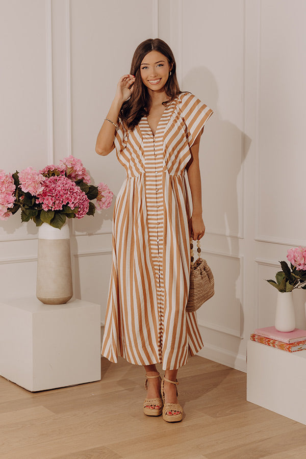 Coastal Luxe Stripe Midi Dress in Camel