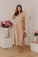 Coastal Luxe Stripe Midi Dress in Camel