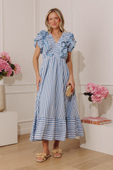 Stripe Affair Ruffle Midi Dress in Airy Blue