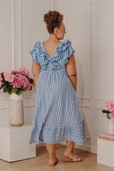 Stripe Affair Ruffle Midi Dress in Airy Blue Curves