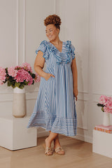 Stripe Affair Ruffle Midi Dress in Airy Blue Curves