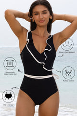 Hazel Blues® | Black Color Contrast Ruffled Wrap V Neck Swimsuit