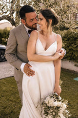 Elegant A Line V Neck Straps Satin Wedding Dresses