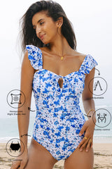 Hazel Blues® | Blue Floral Ruffled Strap Lace-up Hollow Out One Piece Swimsuit