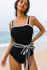 Hazel Blues® | Black Colorblock Edge Belted One Piece Swimsuit