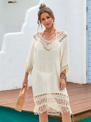Hazel Blues® | Fringe Crochet V-Neck Cover-Up Dress