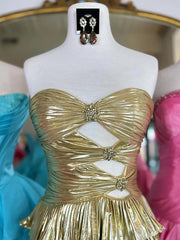 Gold - Strapless A Line Metallic Tiered Homecoming Dress With Beading