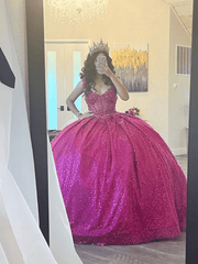 Fuchsia Sleeveless Sequin Quinceanera Dress