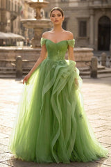 Green A-Line Off Shoulder Long Prom Dress Lace Long Evening Dress