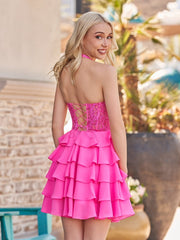 Hot Pink - Halter Lace and Chiffon Ruffle Homecoming Dress