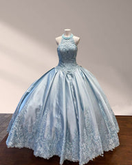 Halter Beaded Sky Blue Satin Ball Gown Quinceañera Dress
