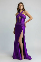 Green Satin Mermaid Slit Prom Dress with Criss Cross Neck