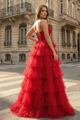 Gorgeous Sparkle Tulle Red Spaghetti Straps Ruched Prom Dress