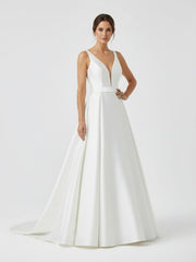 Ivory A-Line Deep V-Neck Long Wedding Dress with Bowknot