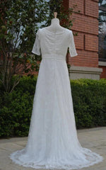 Jewel Tulle Half Illusion Sleeve A-Line Lace Appliques Pleated Wedding Dress