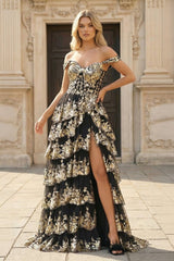 Gold Off the Shoulder Sequin Long Prom Dress with Slit