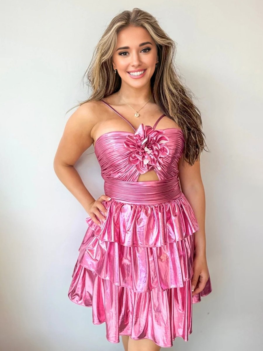 Hot Pink - Keyhole A Line Metallic Homecoming Dress With Flower