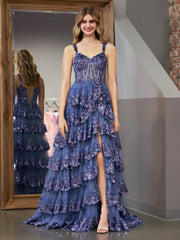Grey Blue Princess A Line Spaghetti Straps Corset Prom Dress with Lace Ruffles