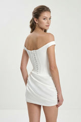 Ivory Off-the-Shoulder Corset Sheath Satin Graduation Dress