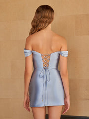 Dusty Blue - Bodycon Satin Off the Shoulder Homecoming Dresses with Beads